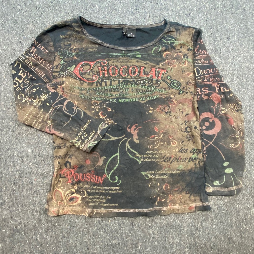 New Directions Graphic Top Small S Womens Brown Grunge French Script Cotton USA